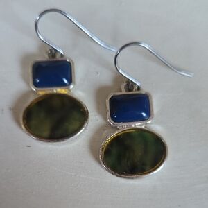 E-024-Silver Tone Dangle Earrings w Blue and Green Marbled Gemstones